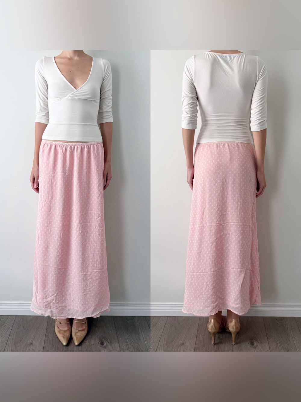 Chadwick’s pink 100% silk polka dot maxi skirt